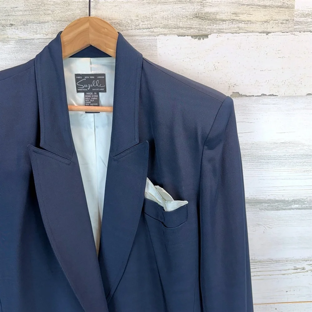Vintage 90s Suzelle Silk Blazer Navy Gold Buttons Old Money Power Blazer 10 - Picture 8 of 11